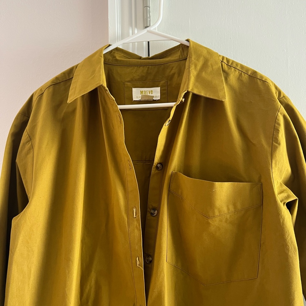 Maeve Button-Front Shirt Dress in Olive Mustard - Picture 2 of 3